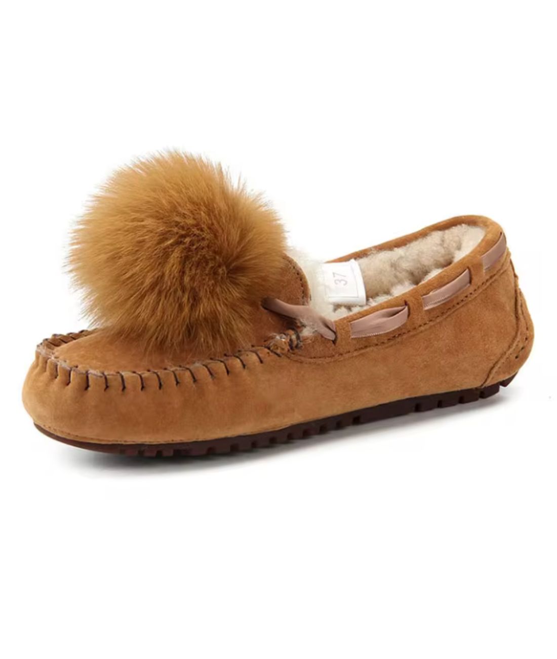 Mocassins Indiens En Daim Fourré À Pompon - Le Mocassin