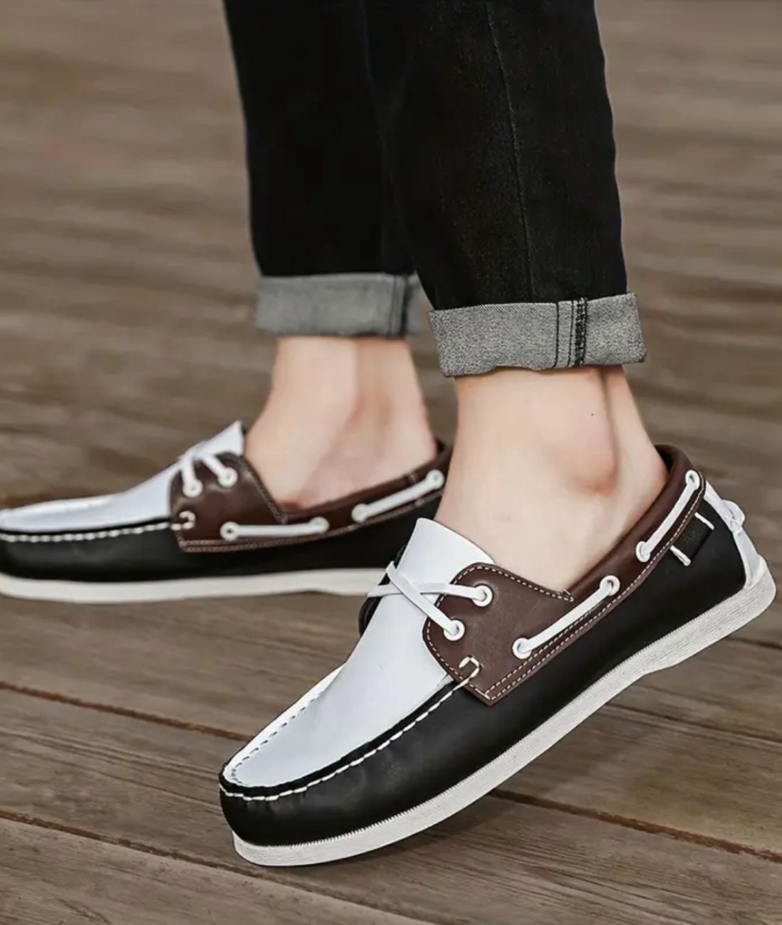 Mocassins Bateau Noirs Bicolores À Lacets Pour Homme - Le Mocassin