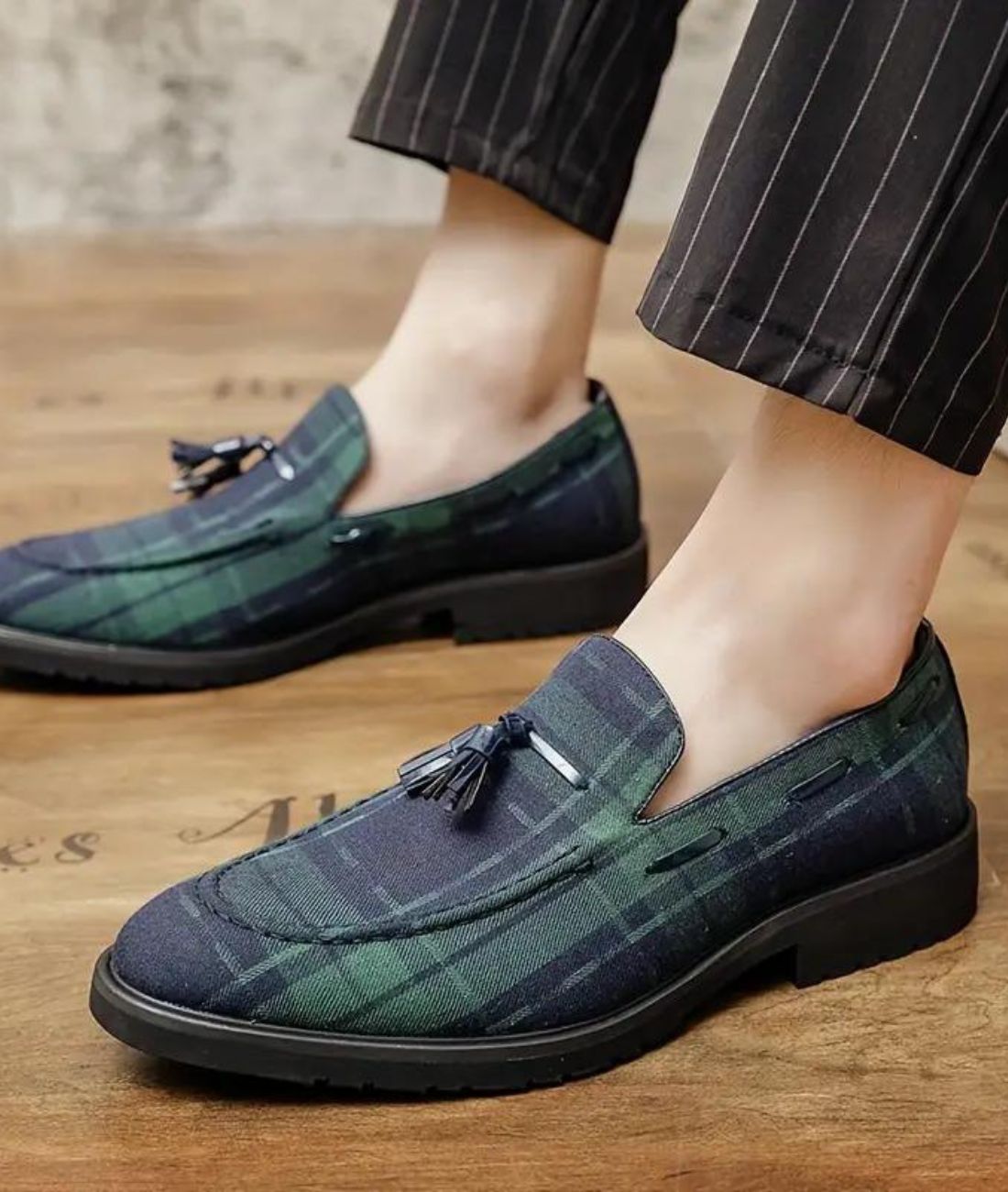 Mocassins À Gland À Carreaux Bleu Et Vert Pour Homme - Le Mocassin