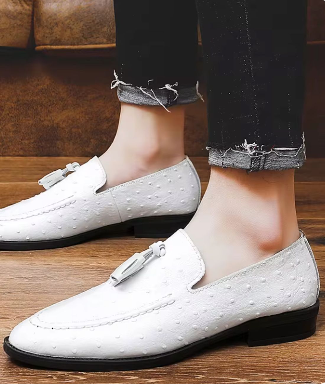 Mocassins À Glands Vernis Noir Et Blanc Pour Homme - Le Mocassin