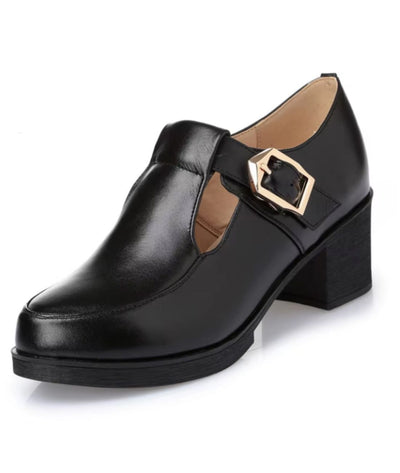 Mocassins Noirs Femme En Cuir Avec Boucle Et Talon Carré - Le Mocassin