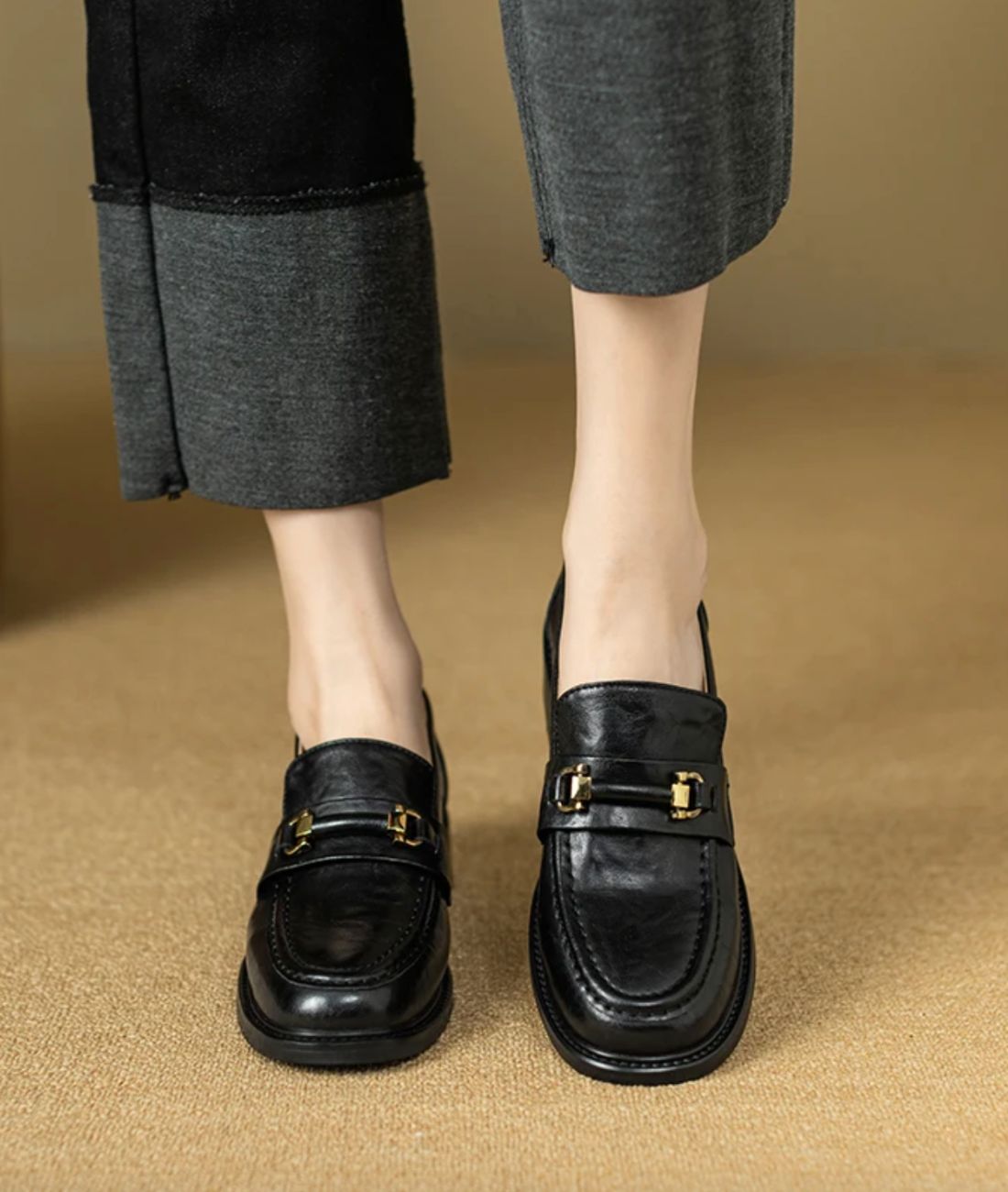 Mocassins Noirs Talon Carré Avec Morsetti Femme - Le Mocassin