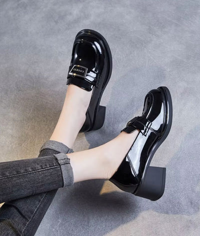 Mocassins Noirs À Talons Carrés En Cuir Véritable Pour Femme