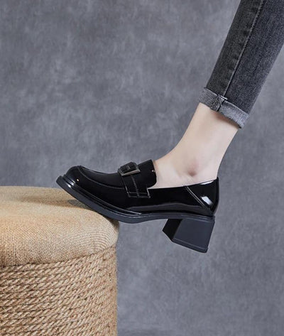 Mocassins Noirs À Talons Carrés En Cuir Véritable Pour Femme