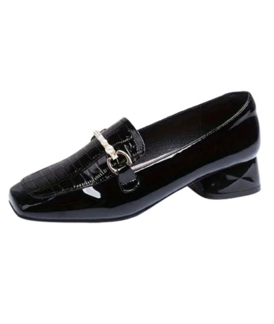 Mocassins Noirs Talons Carrés Femme Style Preppy - Le Mocassin